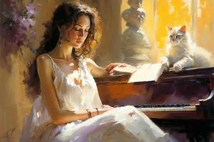 pianist with piano painting a dark haired smiling 25-year-old girl in a white photo