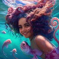 painting of a beautiful mermaid in water with fish photo