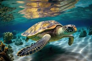 Green sea turtle swimming coral beautiful clear photo