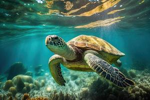 Green sea turtle swimming coral beautiful clear photo