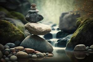 Balancing rocks and pebbles in front of nature BG photo