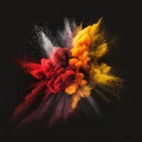 Red and yellow white powder explosion on black photo