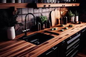 black kitchen sink on a wooden counter AI photo
