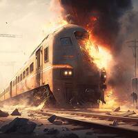 The burning train on the track image photo
