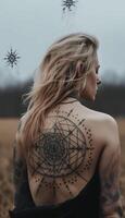 symmetrical line dots tattoo on women's back photo