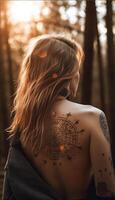 symmetrical line dots tattoo on women's back photo