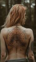 minimal back faded tattoo of woman symmetrical line dots photo