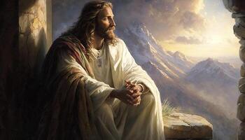 Jesús en un actitud de contemplación o reflexión sentado actitud generativo ai foto