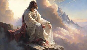 Jesús en un actitud de contemplación o reflexión de luz de sol generativo ai foto