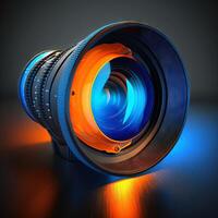 Video camera lens lit by blue and orange color colorful image photo