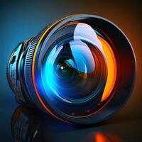 Video camera lens lit by blue and orange color polished lens generative AI photo