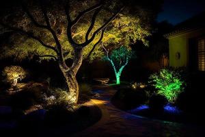 Park illuminated paths. Outdoor rest zone concept AI photo