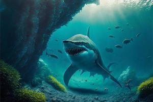 Megalodon shark under the ocean, corals and fish, marine life. Digital illustration. AI photo