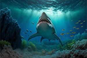 megalodon tiburón debajo el océano, corales y pez, marina vida. digital ilustración. ai foto