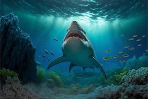 Megalodon shark under the ocean, corals and fish, marine life. Digital illustration. AI photo