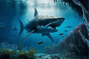 Megalodon shark under the ocean, corals and fish, marine life. Digital illustration. AI photo