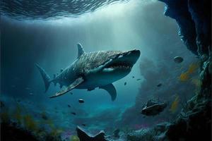 Megalodon shark under the ocean, corals and fish, marine life. Digital illustration. AI photo