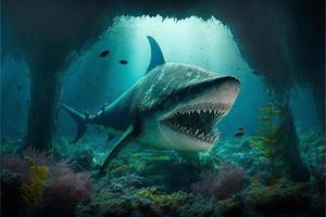 Megalodon shark under the ocean, corals and fish, marine life. Digital illustration. AI photo