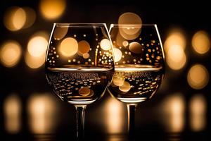 Transparent realistic two glasses of champagne and confetti, for dark background, isolated. AI photo