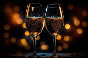 Transparent realistic two glasses of champagne and confetti, for dark background, isolated. AI photo