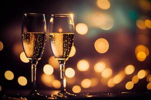 Transparent realistic two glasses of champagne and confetti, for dark background, isolated. AI photo