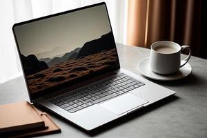 Office desk with laptop, coffee and flower. Modern business workplace. Home workspace table. illustration AI photo