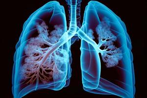 Hologram lung. Pain in the lungs from polygons, triangles, dots and lines. Lung is a low poly compound structure. The technology concept. AI photo