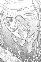 Cute fish coloring page for kids. Black and white. photo