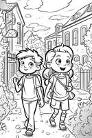 Coloring book school kids theme. Black and white illustration. photo