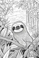 Coloring book page for kids. Sloth isolated on white background. Black and White. photo