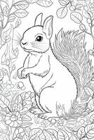 Coloring book page for kids. Squirrel isolated on white background. Black and White. photo