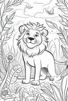 colorante libro página para niños. león aislado en blanco antecedentes. negro y blanco. generativo ai foto