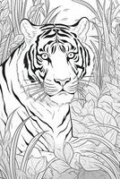 Coloring book page. Cartoon animals for kids, tiger. Generative AI photo