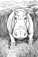 Cute hippopotamus coloring page for kids. Black and white. photo