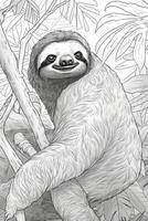 Coloring book page for kids. Sloth isolated on white background. Black and White. photo