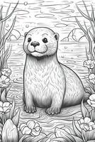 Coloring book page. Cartoon animals for kids, otter. photo