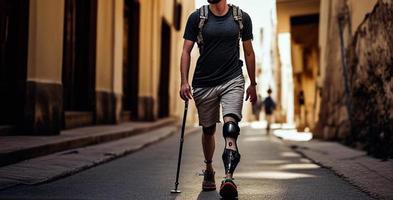 Disabled young man with foot prosthesis walks along the street. AI photo