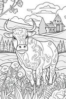 Coloring book page for kids. Cow isolated on white background. Black and White. photo