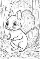 Coloring book page for kids. Squirrel isolated on white background. Black and White. photo