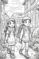 Coloring book school kids theme. Black and white illustration. photo