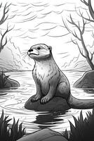 Coloring book page. Cartoon animals for kids, otter. photo