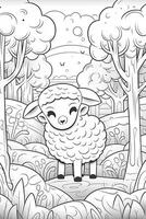 Coloring book page for kids. Sheep isolated on white background. Black and White. photo