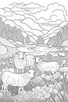 Coloring book page for kids. Sheep isolated on white background. Black and White. photo