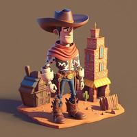 Wild West scenery with 3d cowboy, cute style. Digital illustration. AI photo