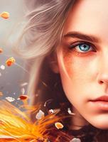 girl with autumn leaves in long hair. AI photo