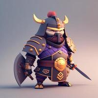 Samurai warrior with sword, 3D cute. Digital illustration. AI photo