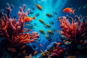 Underwater sea reef landscape with tropical fish, coral, red stars and sponges cartoon background. Blue lagoon world or aquarium with colorful animals and sun beams. AI photo