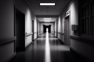 Hotel, clinic or hostel hall with black and white color. Corridor with doors in perspective view. AI photo