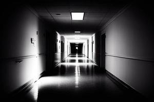 Hotel, clinic or hostel hall with black and white color. Corridor with doors in perspective view. AI photo