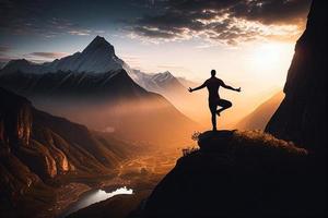 Man meditating in sitting yoga position on the top of a mountains AI photo